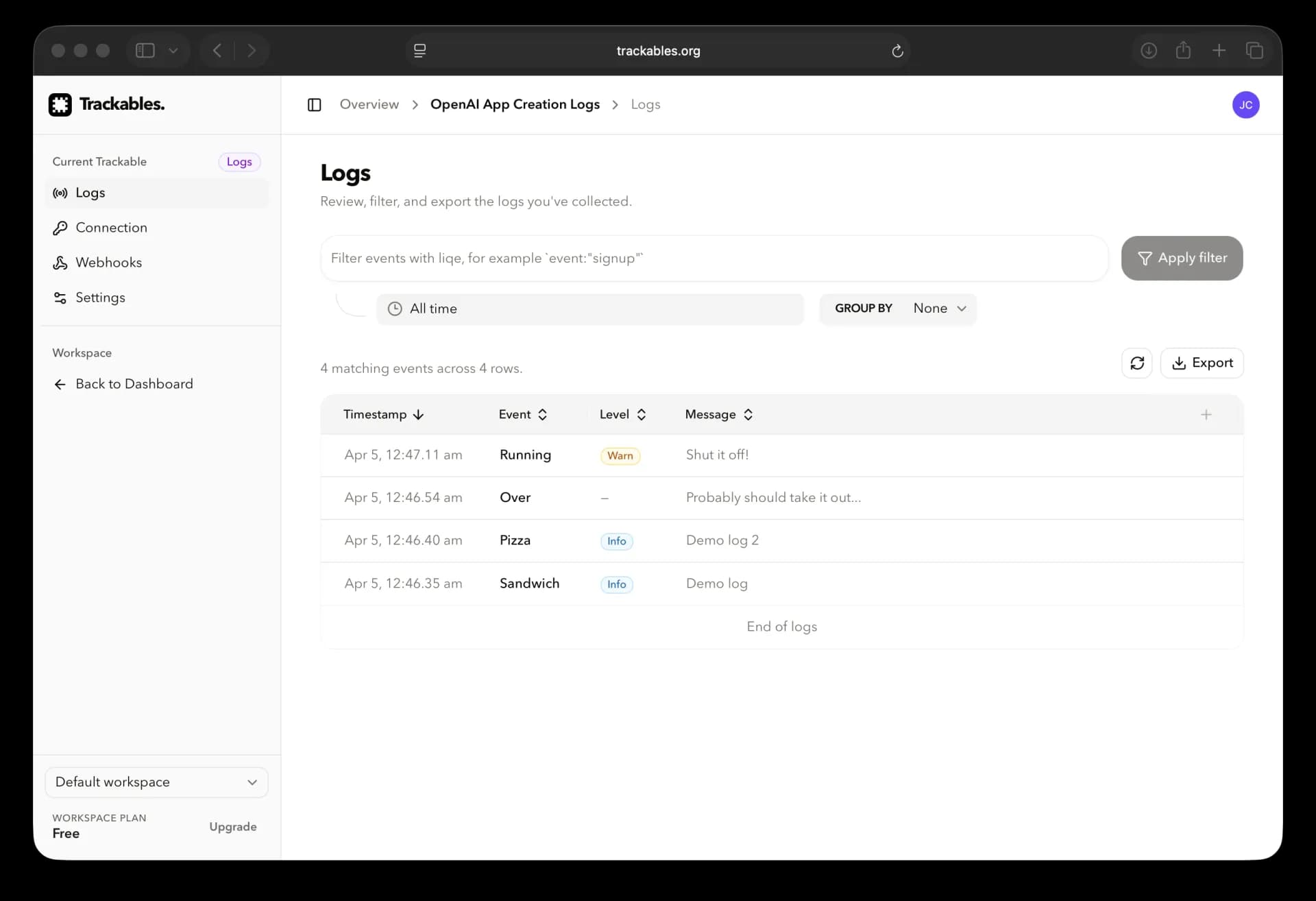 Trackables log search preview